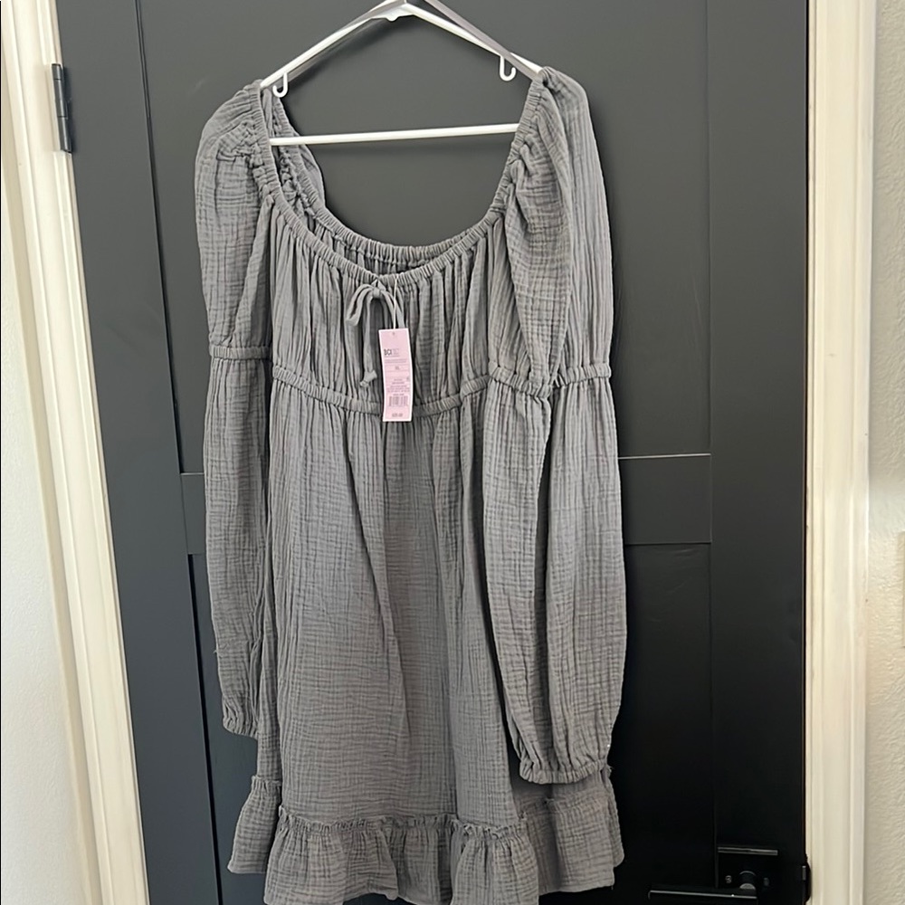 Gray Smocked Off-Shoulder Dress